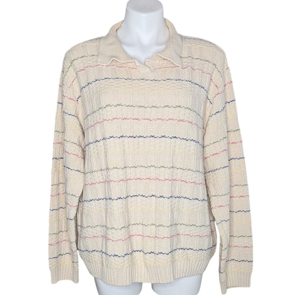 VTG Cream Textured Patterned Knit Pastel Stripe Collared Sweater